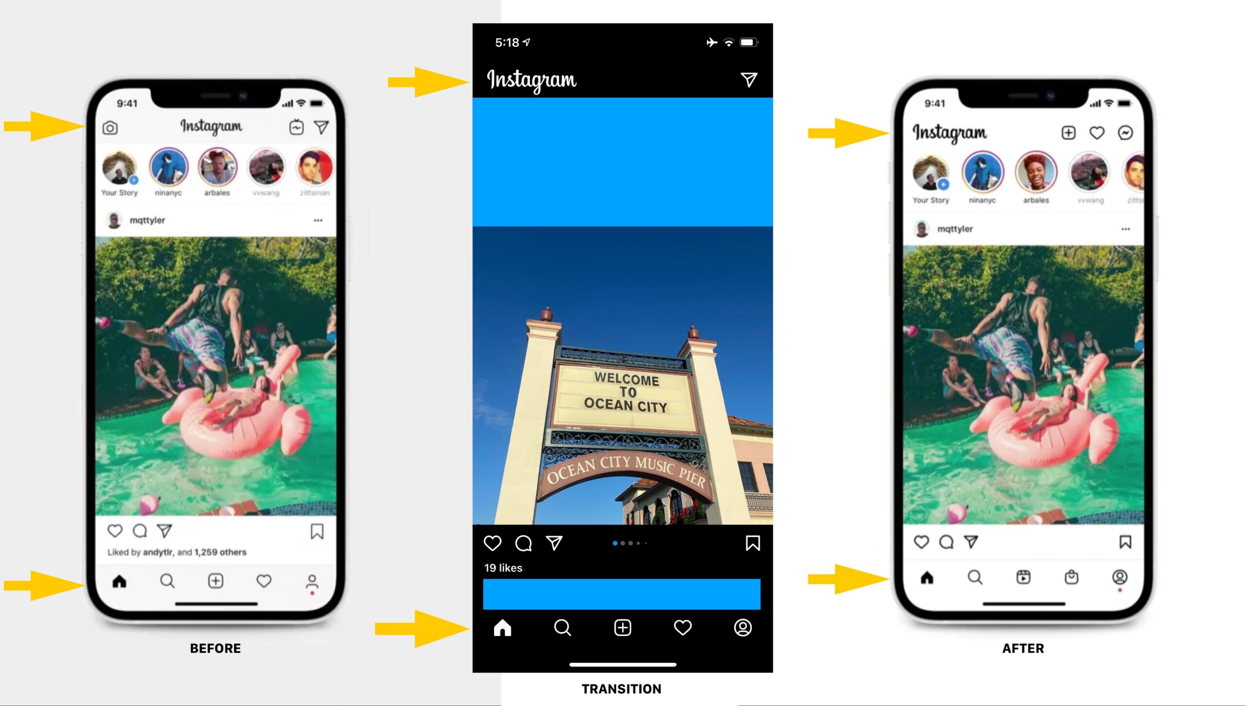comparing instagram UI before, in between and after the transition to reels and shop
