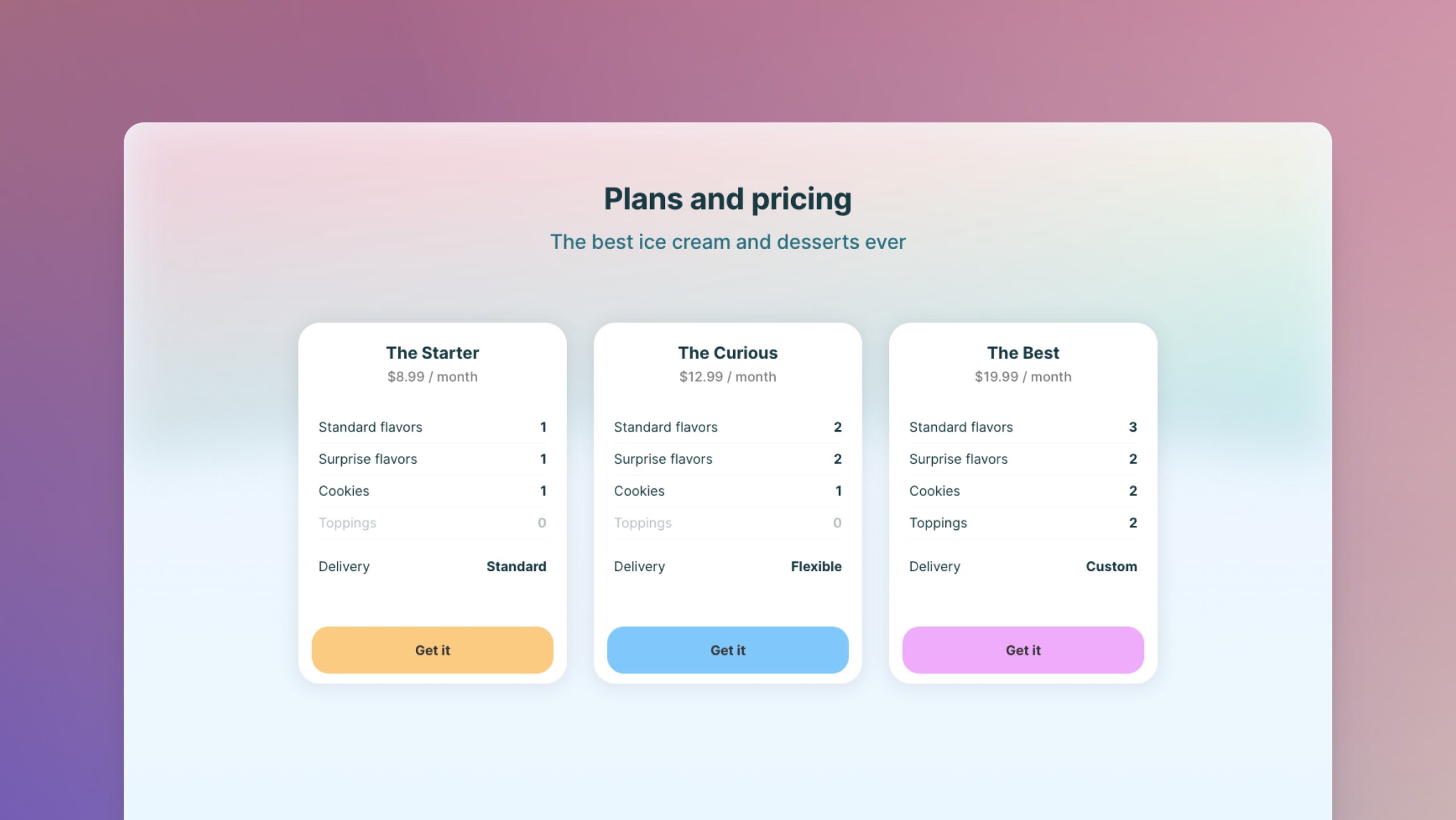 Ice Cream Plans and Pricing Landing Page